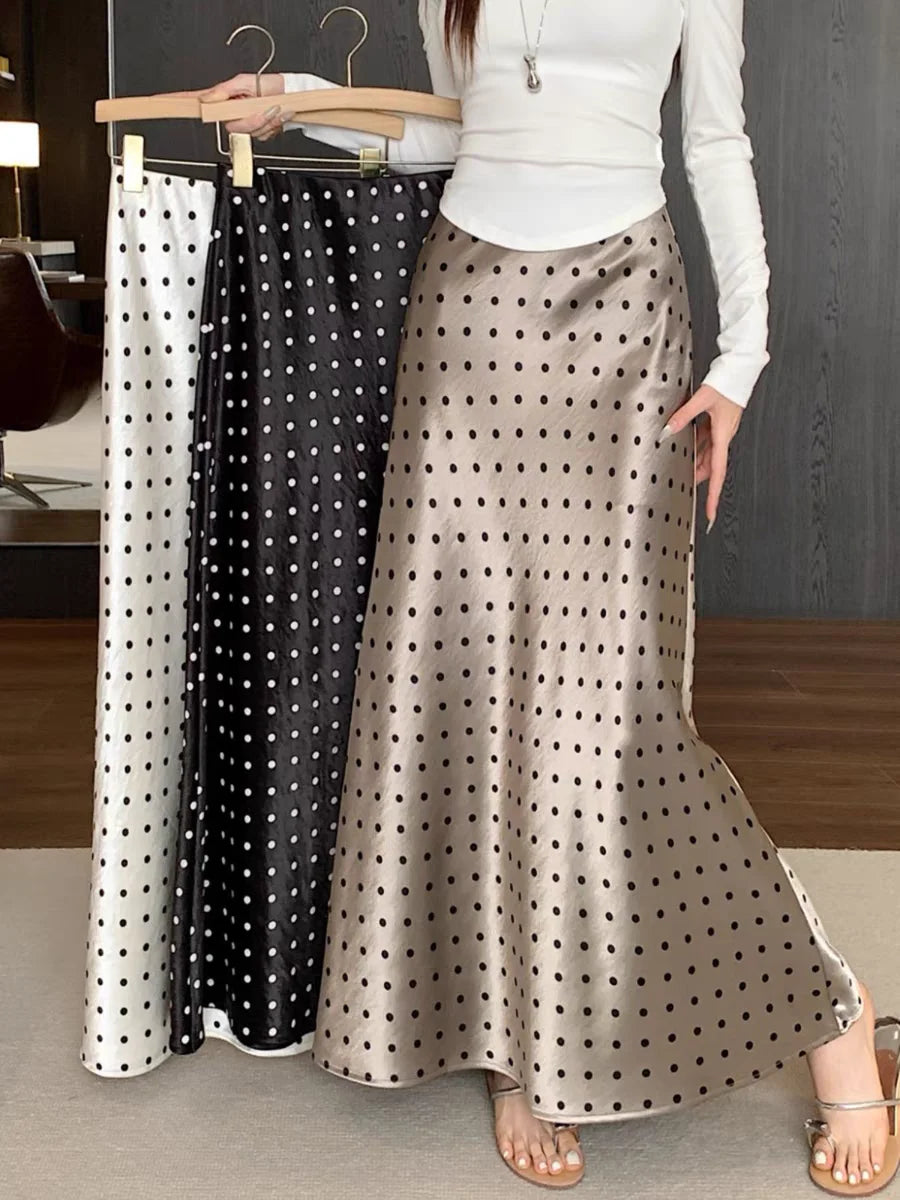 Women Polka Dot Acetate Satin Mermaid Maxi Skirt High-Waisted Slimming Fishtail Hem with Draped Elegance for Spring Autumn