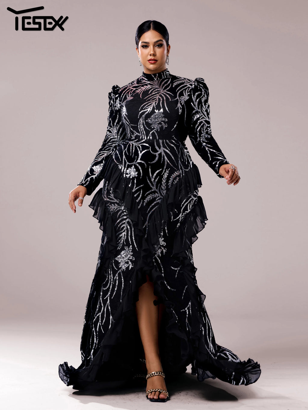 Yesexy Plus Size Elegant Beautiful Women Round Neck Long Sleeved Split Evening Gown Wedding Birthday Party Formal Occasion Dress
