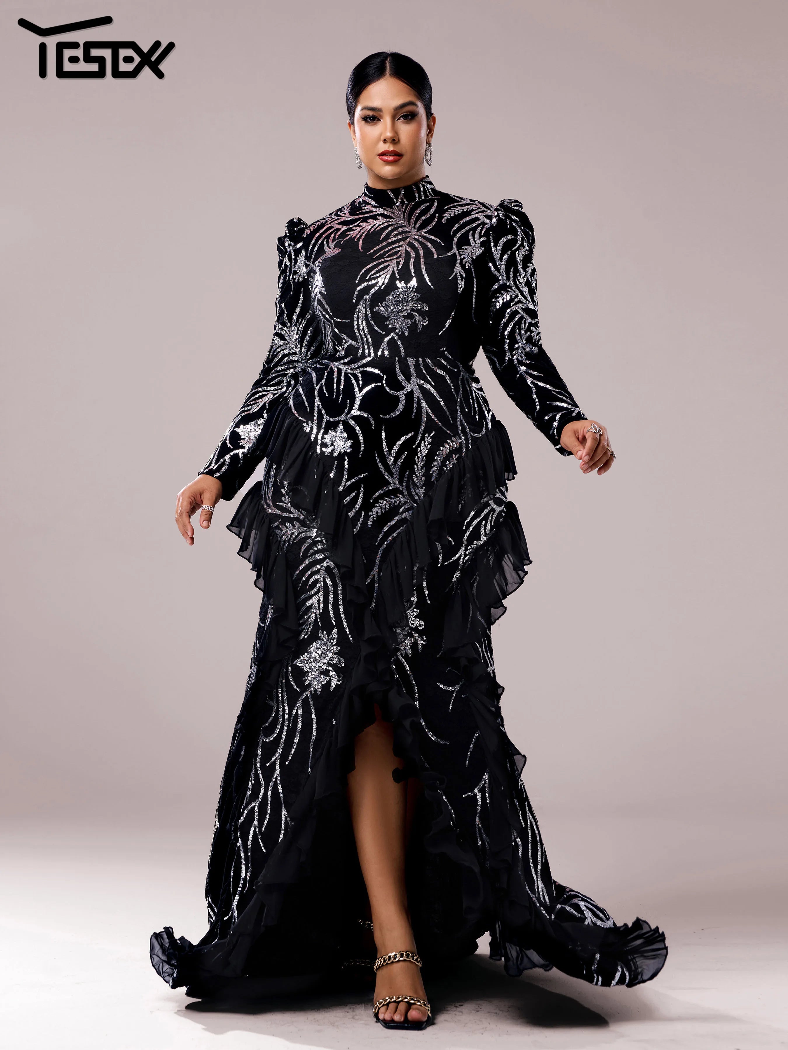Yesexy Plus Size Elegant Beautiful Women Round Neck Long Sleeved Split Evening Gown Wedding Birthday Party Formal Occasion Dress