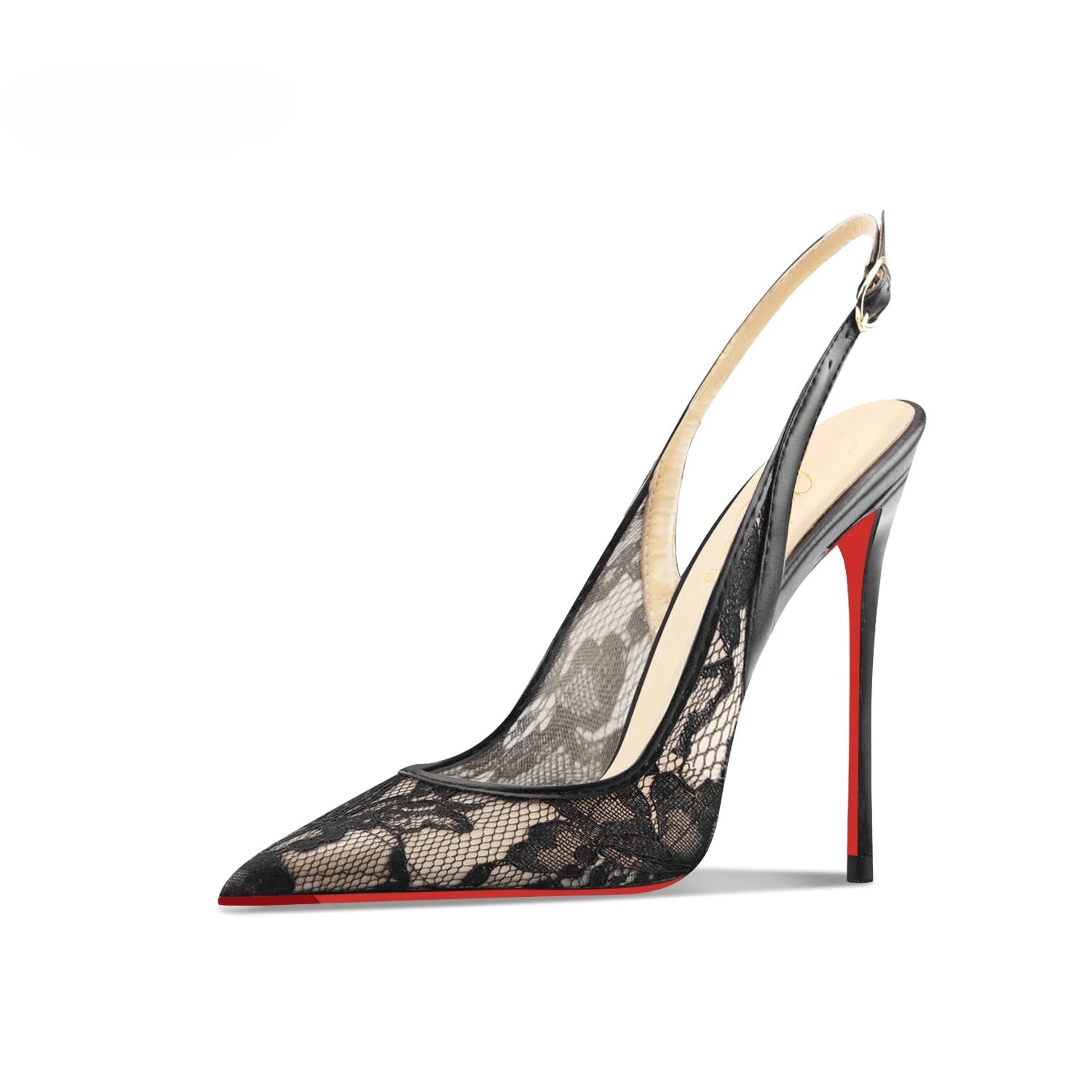Black lace high-heeled sandals with pointed toes, thin heels, and shallow mouth, comfortable to wear with just one foot Secondary image