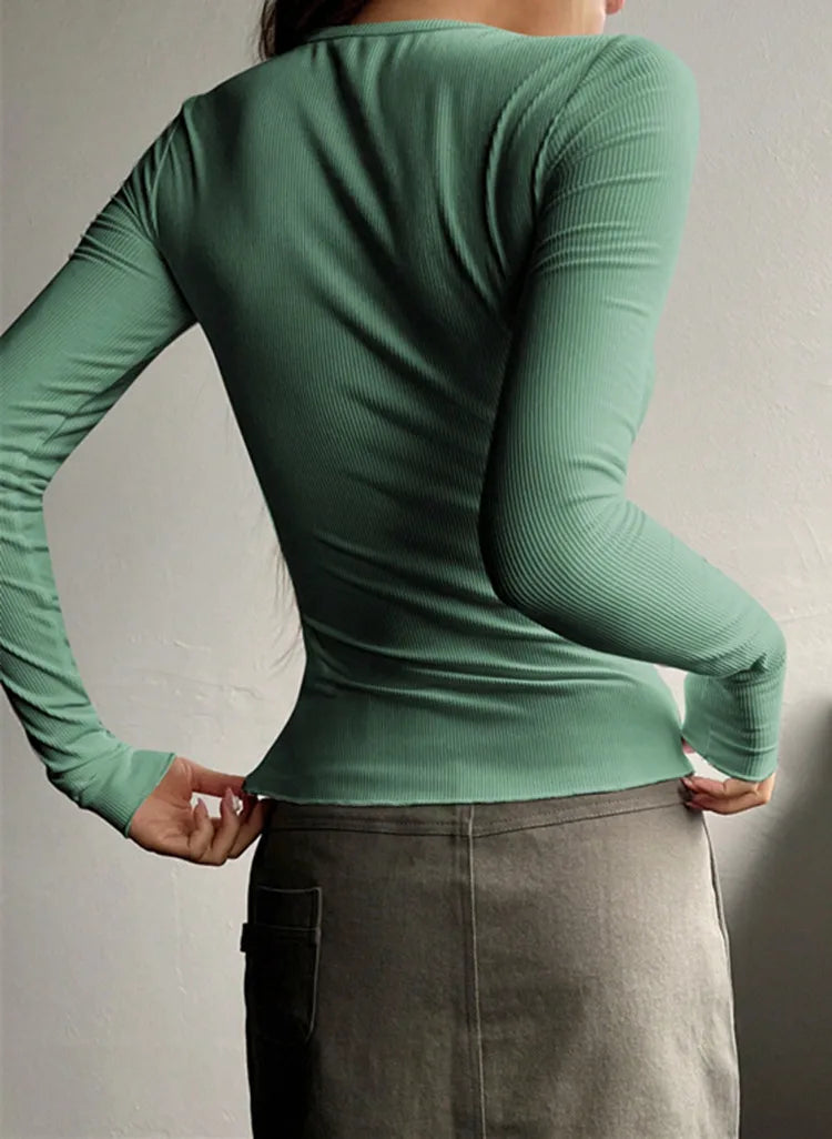 Women Fall Spring Top O Neck Button Long Sleeve Shirts Solid Color Slim Fit Pullover T-shirt Blouse Simple Style Lady Costume