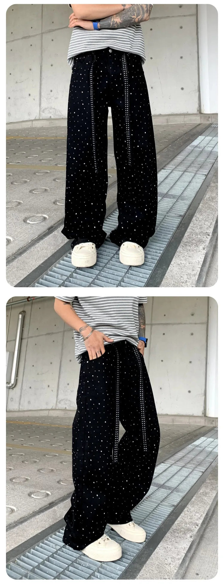 Pants Denim Men Jeans Wide Leg Long Pant Vintage Loose Hot Drilling High Waist Straight Trousers Y2k Streetwear Lace Up Spring