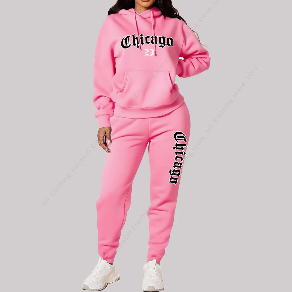 Women's Sets Hoodies Pants 2 Piece Outfits Aesthetic Sportswear Sweatsuit Chicago Graphic Letter Print Plus Size Pink Tracksuit Main image
