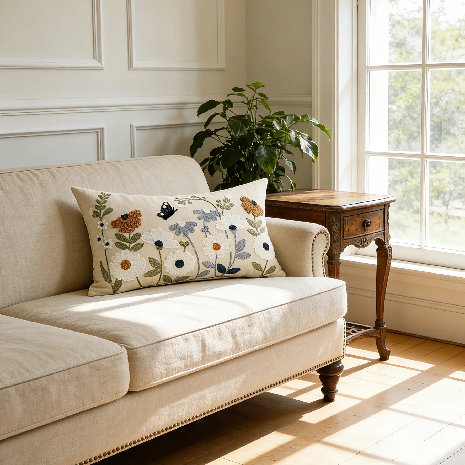 Spring Summer Floral Embroidered Decorative Throw Pillow Covers 12x20 Inch Farmhouse Beige Flowers Boho Cushion Case for Bedroom Secondary image