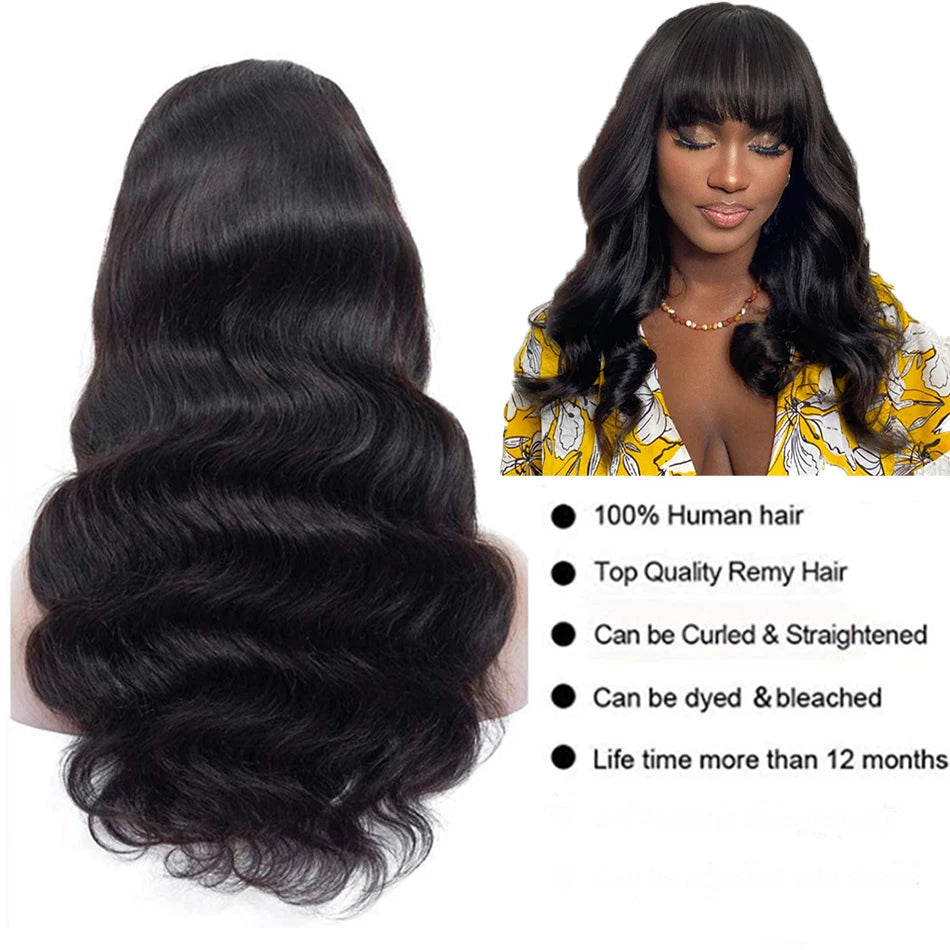 FUGANGXIU-12A Body Wave Human Hair Wig With Bang Full Machine Made Glueless Wear And Go Brazilian Virgin Hair Natural Color