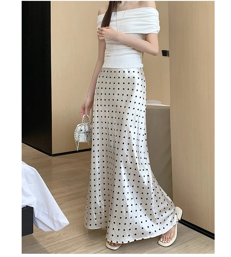 Women Polka Dot Acetate Satin Mermaid Maxi Skirt High-Waisted Slimming Fishtail Hem with Draped Elegance for Spring Autumn