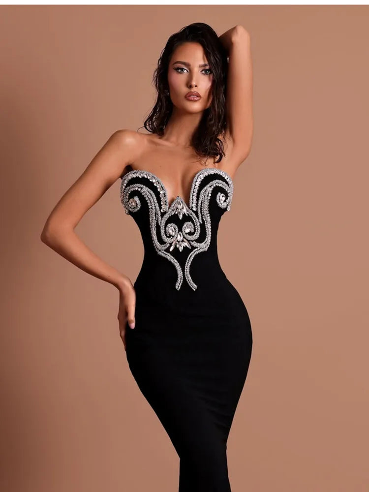 Women Sexy Strapless Beading Rhinestone Black Maxi Long Summer Bodycon Bandage Dress 2025/2026 Elegant Evening Club Party Dress Secondary image