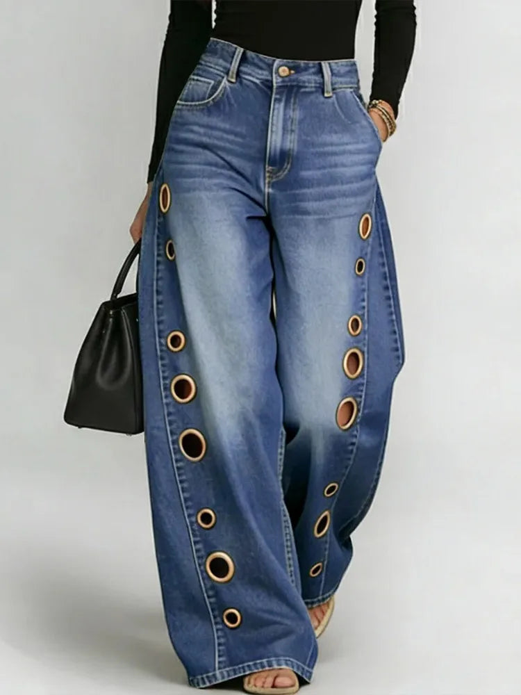 Missuoo Women's Washed Blue High-Waist Metal Grommet Wide Leg Jeans 2026 Casual Loose Fit Streetwear Pants Casual Trousers Main image