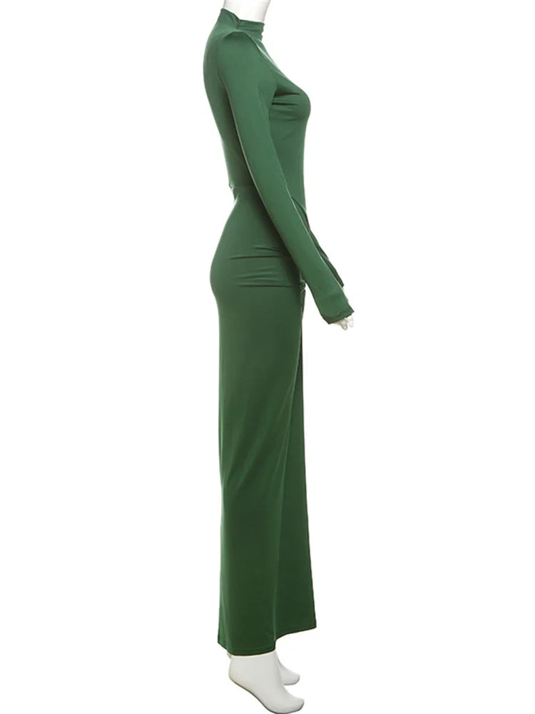kliou Shirring Women Classic Maxi Dress Autumn New Solid Long Sleeve High Collar Body-shaping Vestidos Mujer Concise Trend Robe
