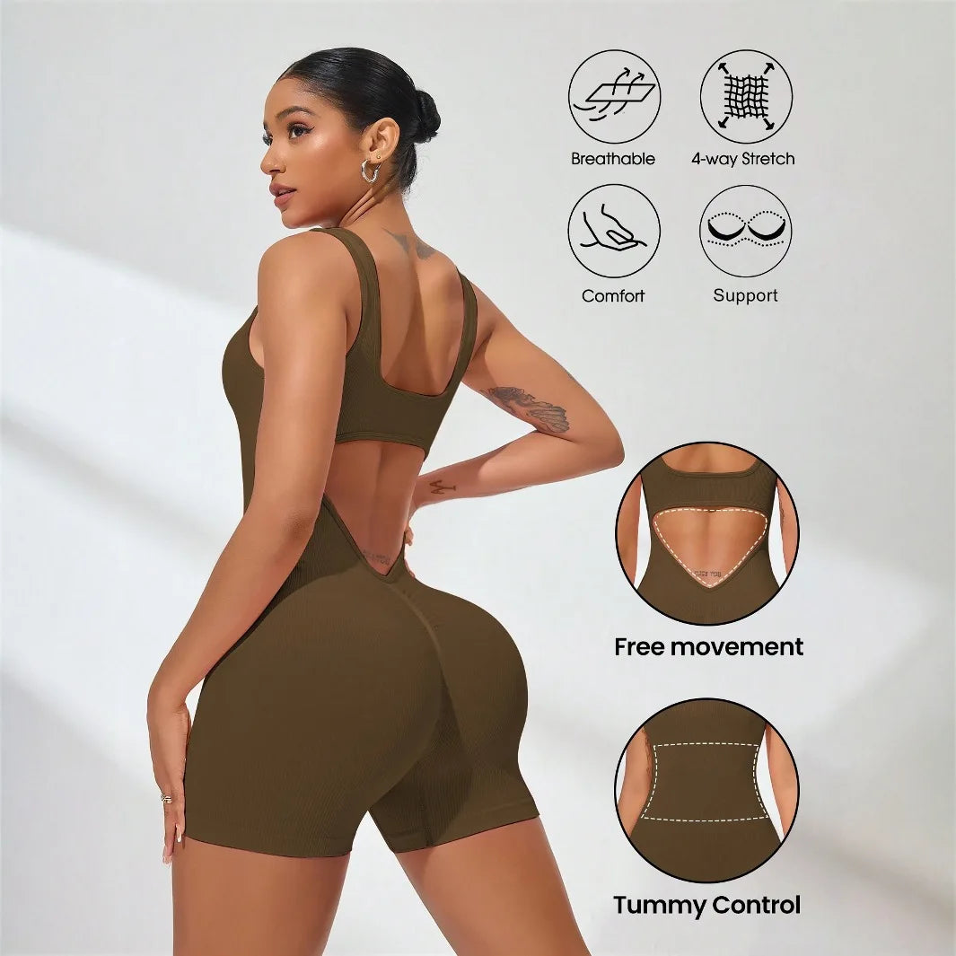 Sexy Backless Women Yoga Rompers U Neck Sleeveless Threaded Jumpsuit Solid Color Elastic Bodysuit Without Bust Pads Streetwear