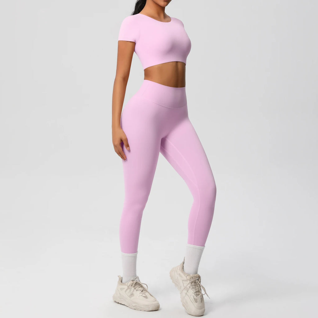 2PCS Woman Gym Sports Yoga Set Knitted Slim Workout Top Short Sleeve Quick Drying Legging Fitness Pants Running Sports Yoga Suit