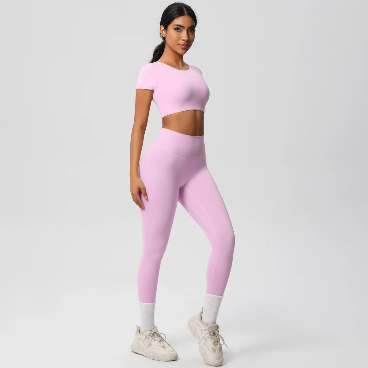 2PCS Woman Gym Sports Yoga Set Knitted Slim Workout Top Short Sleeve Quick Drying Legging Fitness Pants Running Sports Yoga Suit