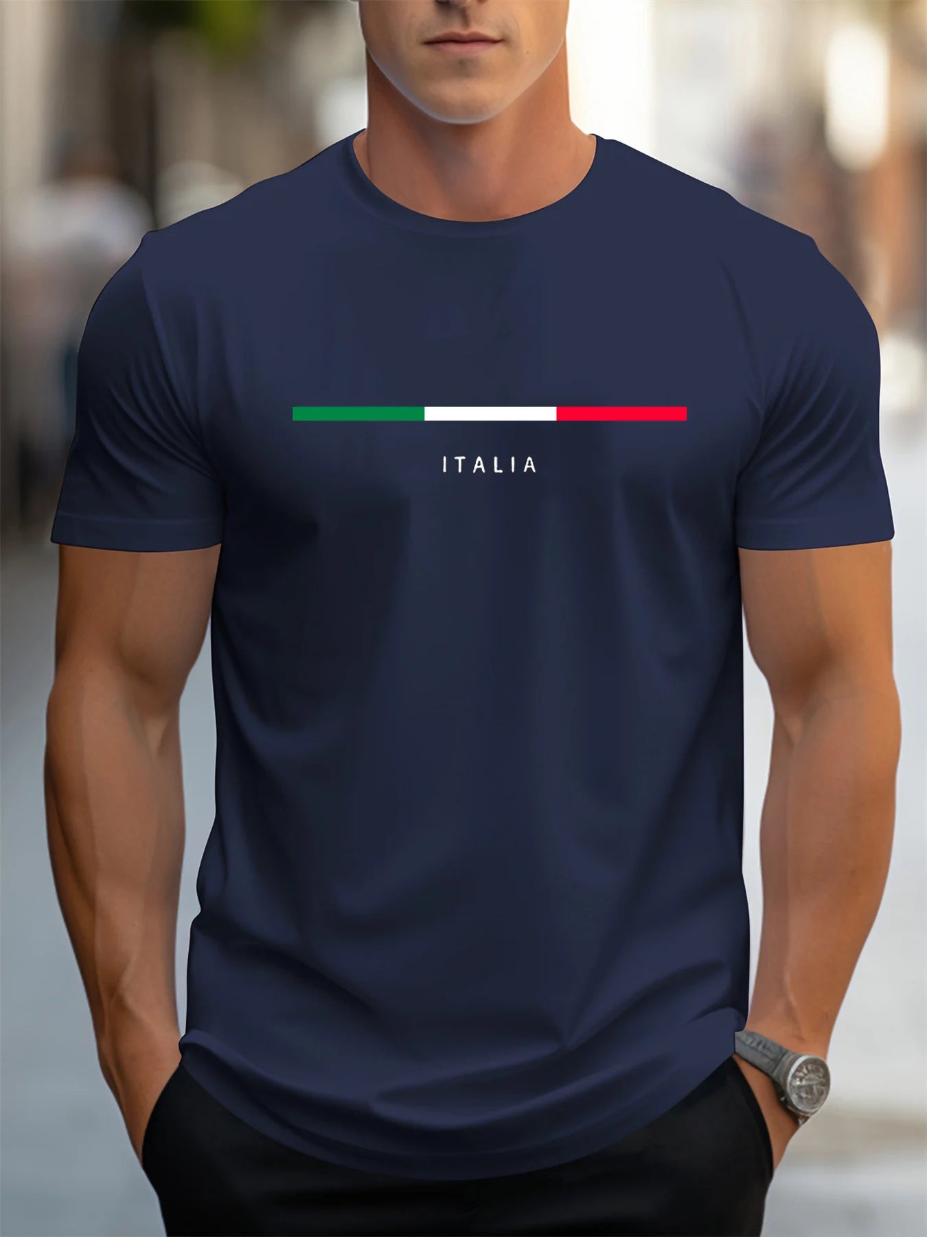 Men's summer 100 cotton fashionable casual loose plus size ITALIA pattern printed sports round neck short sleeved T-shirt top Main image