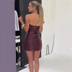 Suninheart Pu Faux Leather Party Dress Women 2026 Strapless Bodycon Mini Dress Elegant Lace Up Ruched Dress for Wedding Events