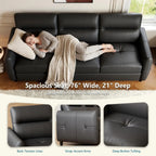 85” Black Faux Leather Couch with USB, 3 Seater Sofa Couches for Living Room, Large Mid Century Modern Office Apartment Couch (B