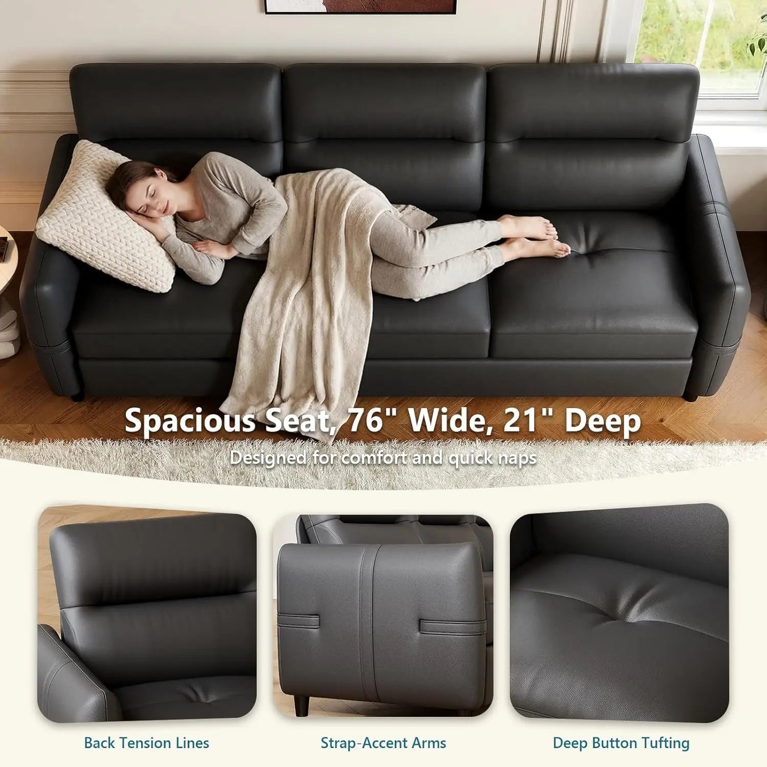 85” Black Faux Leather Couch with USB, 3 Seater Sofa Couches for Living Room, Large Mid Century Modern Office Apartment Couch (B