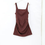 Sexy Backless Ruched Mini Dress Women Elegant Tapered Straps Square Collar Sleeveless High Waist Dresses 2025 Lady Party Gown