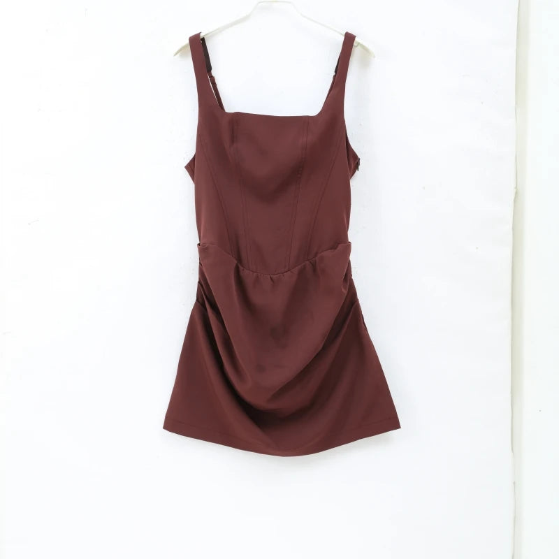 Sexy Backless Ruched Mini Dress Women Elegant Tapered Straps Square Collar Sleeveless High Waist Dresses 2025 Lady Party Gown