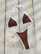 Halter Bordered Swimsuits Women Triangle Bikini 2025 Bandage Swimwear Print Bathing Suit Sexy Biquini Mujer Low Waist Beach Wear