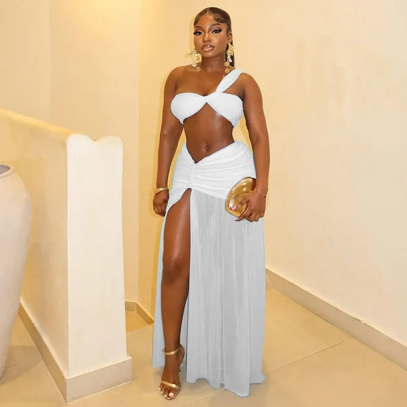 Mesh Ruched Sexy Club Outfits Woman 2026 Birthday Strapless Crop Top and High Split Long Skirt 2 Piece Set Conjuntos Femininos