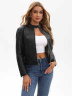 Black Women's Fitted Leather Jacket with Front Zipper & Side Pockets‌, Available in Brown, Navy Blue, and Beige.
