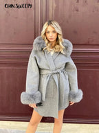 Fashion Hooded Women's Wollen Coat Fur Collar Lace Up Pocket Solid Warm Lady Coats 2025 Autumn Winter Elegant Female Streetwear