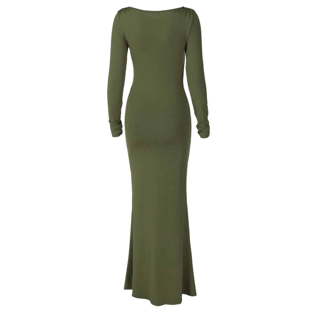 Hugcitar Autumn Solid Long Sleeve Draped Sexy Bodycon Maxi Prom Dress Women Fashion Y2K Outfits Evening Party Festival Club