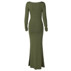 Hugcitar Autumn Solid Long Sleeve Draped Sexy Bodycon Maxi Prom Dress Women Fashion Y2K Outfits Evening Party Festival Club