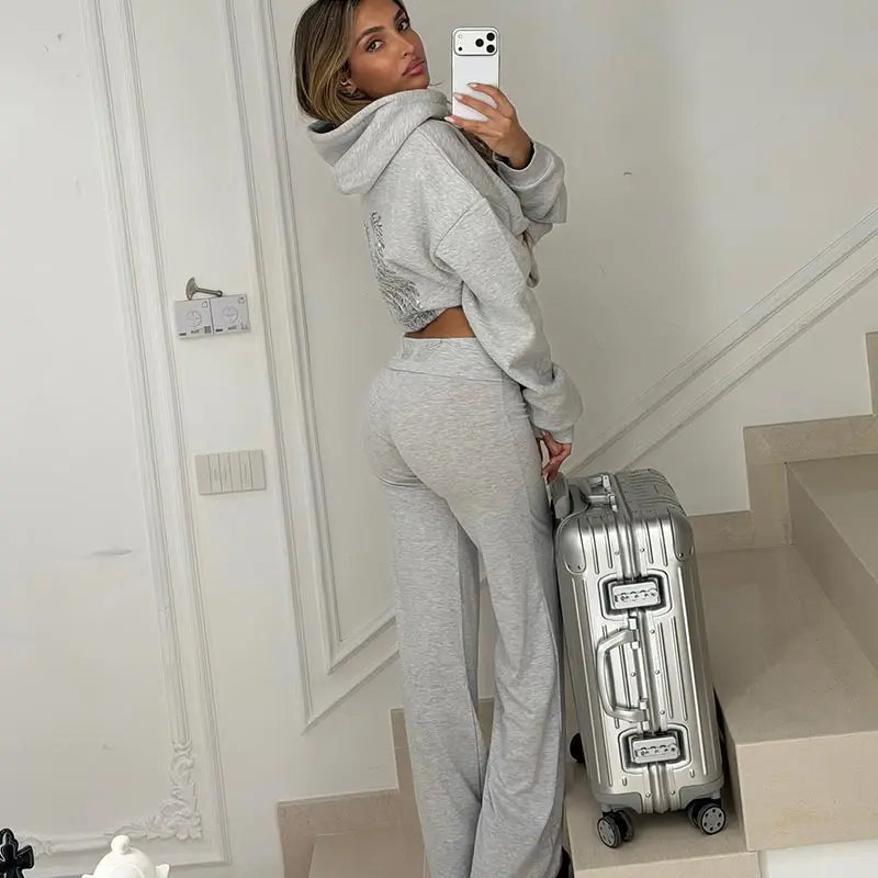 Casual Sequined Angel Wings Oversized Hoodie Women Loose Grey Long Sleeve Street Warm Pullover 2025 Winter Lady Daily Wear New
