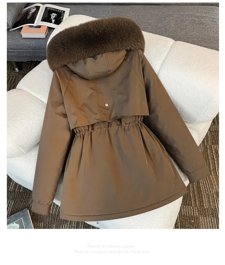 Women Big Fur collar Loose Parka Jacket Lady Medium Long Styles Down Cotton Outwear Winter Female Hooded Cotton Padded Coat Secondary image