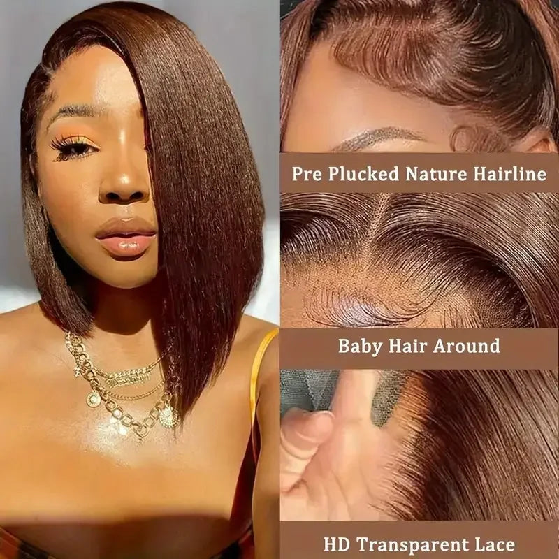 16Inch Chocolate Brown Straight Bob Wig 13X4 Lace Frontal Wig Natural Hairline Lace Front  Short Wig Human Hair 100% Pre Plucked Secondary image