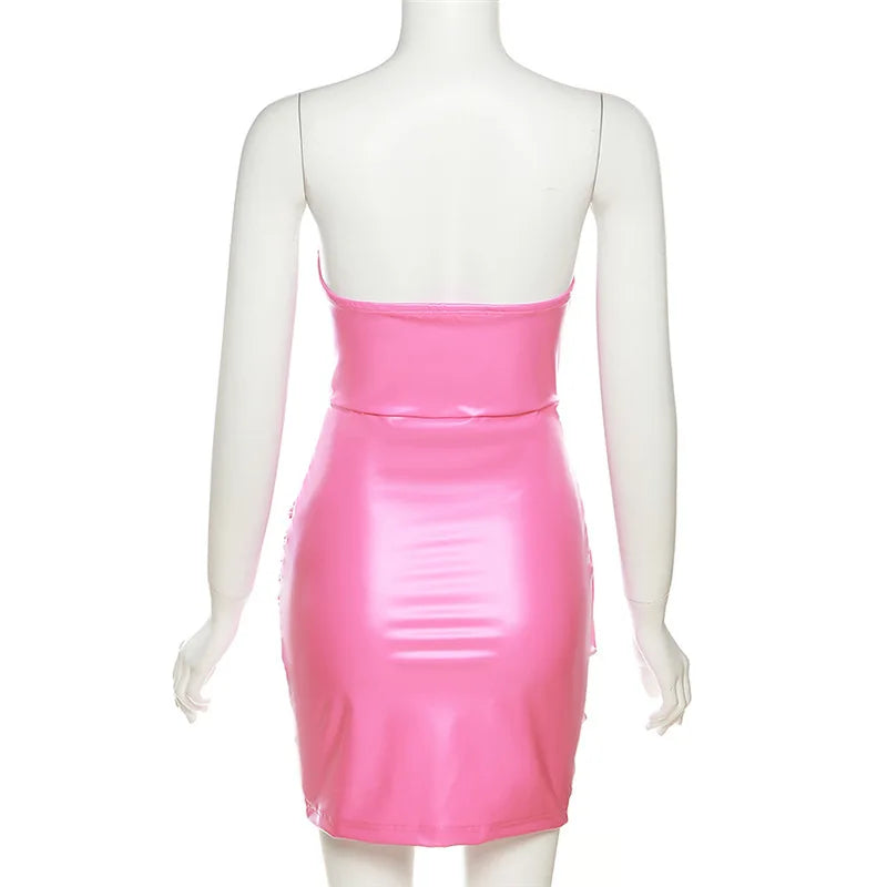Hot Summer PU Faux Leather Strapless Bodycon Dress Women Sexy Solid Mini Sheath Folds Dresses Night Party Clubwear