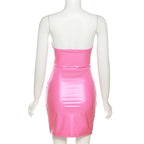 Hot Summer PU Faux Leather Strapless Bodycon Dress Women Sexy Solid Mini Sheath Folds Dresses Night Party Clubwear