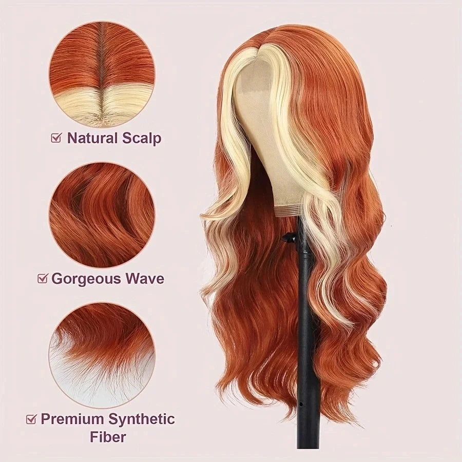 26" Long Blonde to Orange Gradient Highlight Wig Skunk Stripe Synthetic Lace Front Voluminous Body Wave Hair for Women