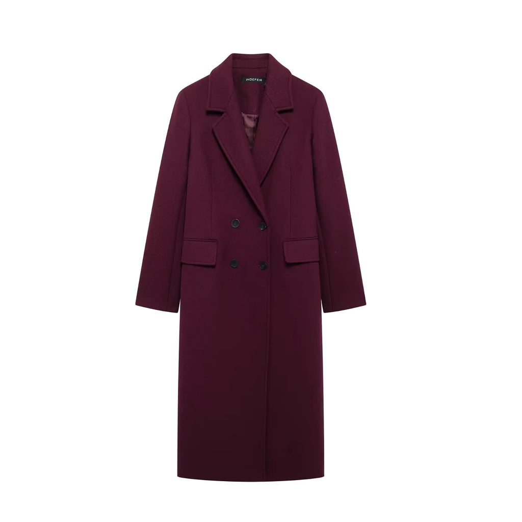 HH Women Fashion Burgundy Woolen Coat Double Breasted Long Sleeve Lapel Blends Jacket Autumn Winter High Street Outerwear
