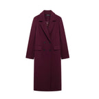 HH Women Fashion Burgundy Woolen Coat Double Breasted Long Sleeve Lapel Blends Jacket Autumn Winter High Street Outerwear