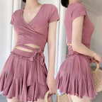 Women'sSwim Set Ribbed V Neck Wrap Crop Top With Tie Waist And Ruffled Flared Skirt Cover Up Modest Summer Bathing Suit Swimwear