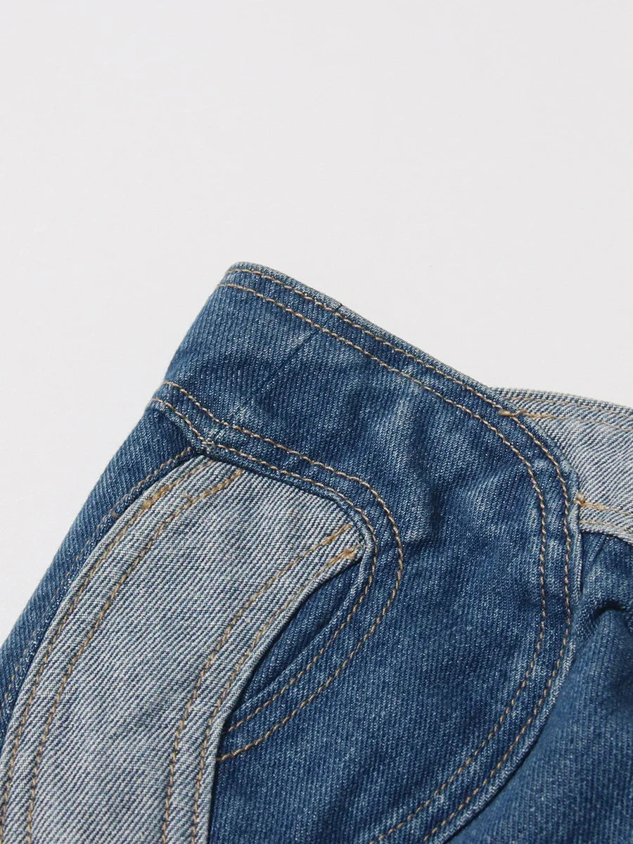 TWOTWINSTYLE Soild Two Piece Sets for Women Straplelss Sleeveless Vest High Wiast Patchwork Hollow Out Jeans Elegant Set Female