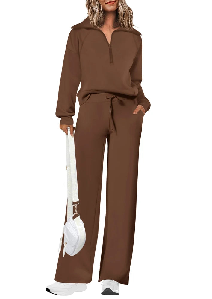 Womens 2 Piece Outfits Sweatsuit Set Oversized Half Zip Sweatshirt Wide Leg Sweatpants Lounge Set Tracksuit