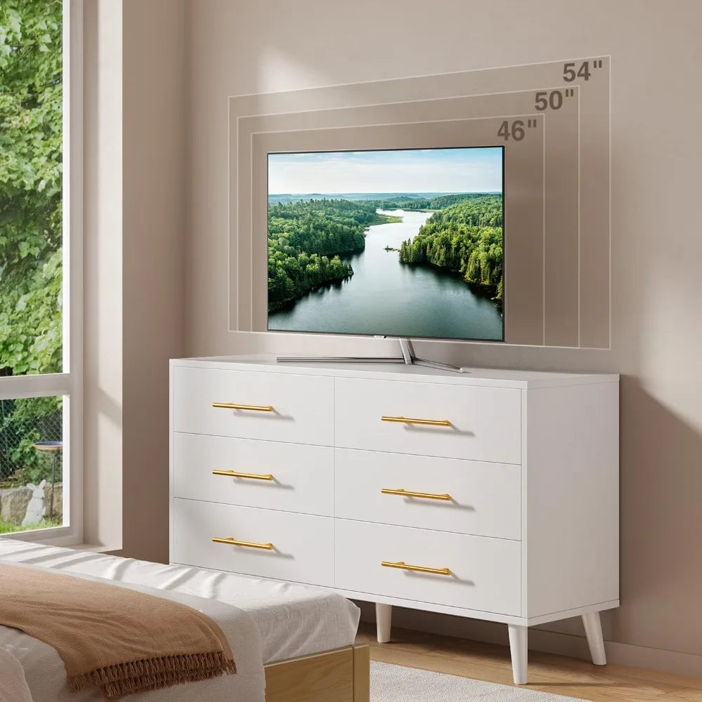 6 Drawer Dresser for Bedroom, Chest of Drawers with Metal Handles, Wood Storage Modern Dresser for Nursery, Living Ro，Customized