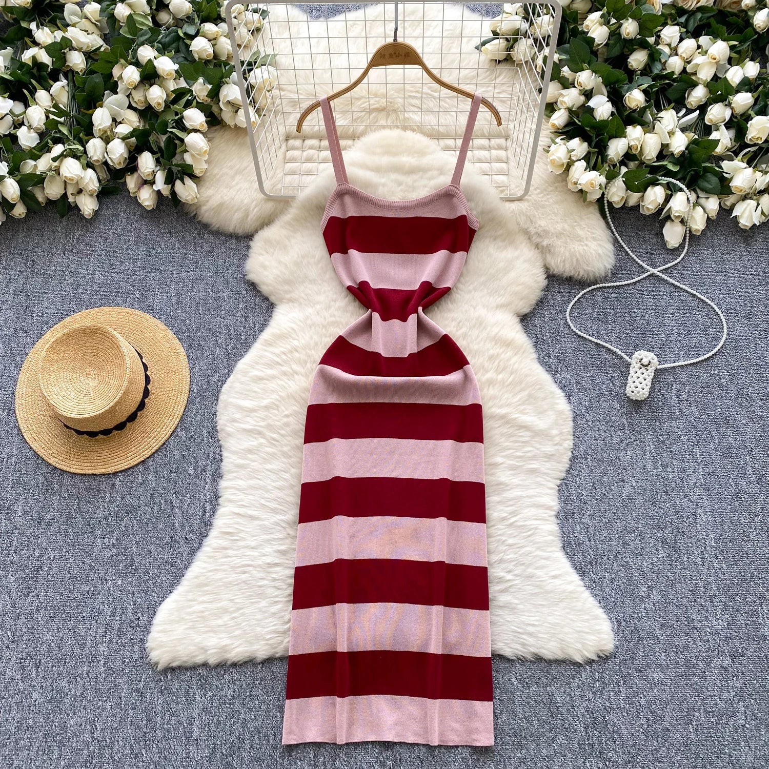 Lady New Stripes Ins Fashion Sexy Package Hips Bodycon Dress  Summer Knitted Spaghetti Straps Outfits Maxi Long Women Dress