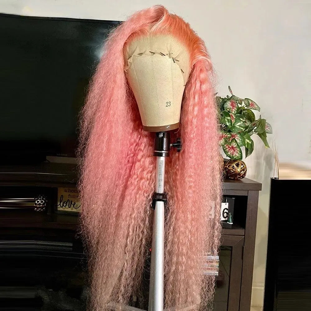 Rose Pink Small Curls Lace Front Wig 13x4 HD Deep Wave Frontal Wig for Women Synthetic Lace Frontal Wig Pre Plucked Daily