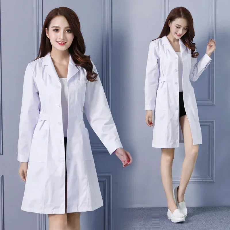 Women's Fashion Lab Coat Short Sleeve Doctor Nurse Dress Long Sleeve Medical Uniforms White Jacket with Adjustable Waist Belt Main image