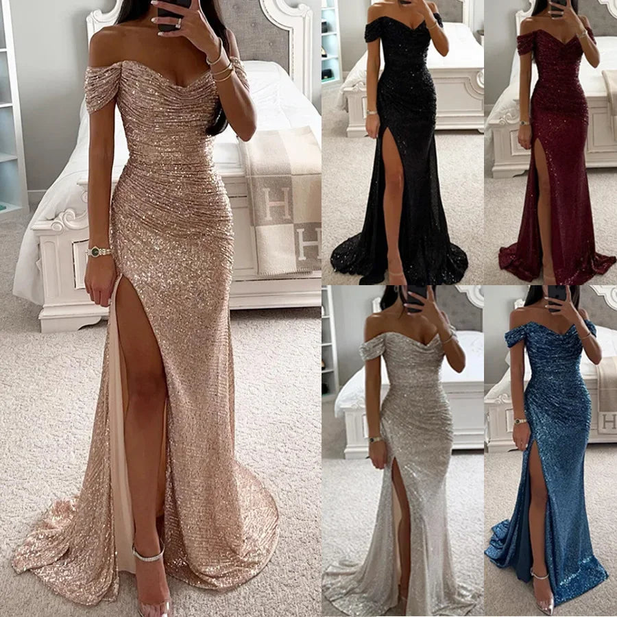 Women's S-XL Size New Party Sequins One line Neck Split Dress INS Casual Versatile Fashionable Charming Slimming Dress for Women Main image