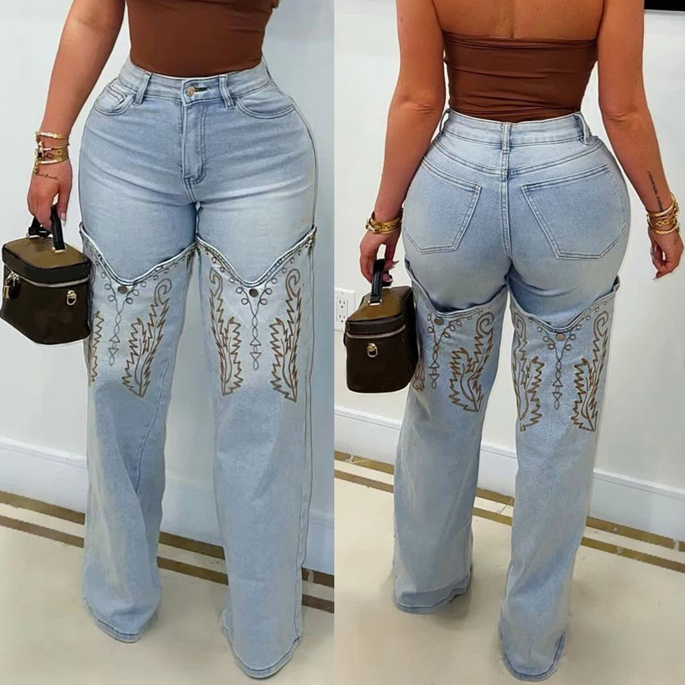 2025 & 2026 Summer Fashion Woman Vintage Embroidery Denim Trousers Casual High Waist Straight Leg Jeans Women Street Clothes Jean Pants Main image