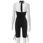 Women Solid Sexy 2 Piece Set Summer Tracksuits Lace Up Halter Backless Tank Crop Tops + Skinny Knee Length Pants Fitness Suits