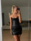 Suninheart Pu Faux Leather Party Dress Women 2026 Strapless Bodycon Mini Dress Elegant Lace Up Ruched Dress for Wedding Events