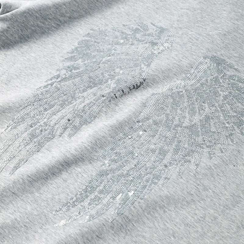 Casual Sequined Angel Wings Oversized Hoodie Women Loose Grey Long Sleeve Street Warm Pullover 2025 Winter Lady Daily Wear New