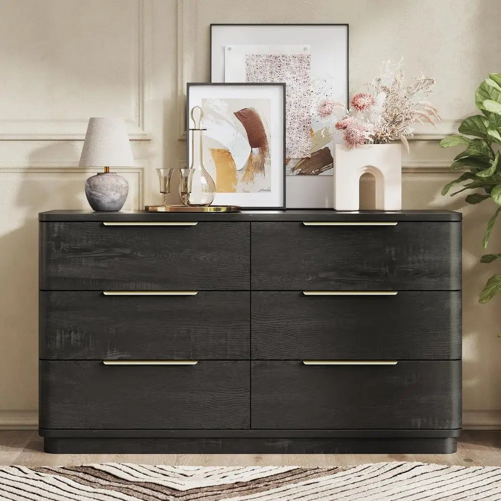 Wide 54 Black Wooden Dresser with Metal Handles, Curved Design for Bedroom, Living Room, or Hallway Storage