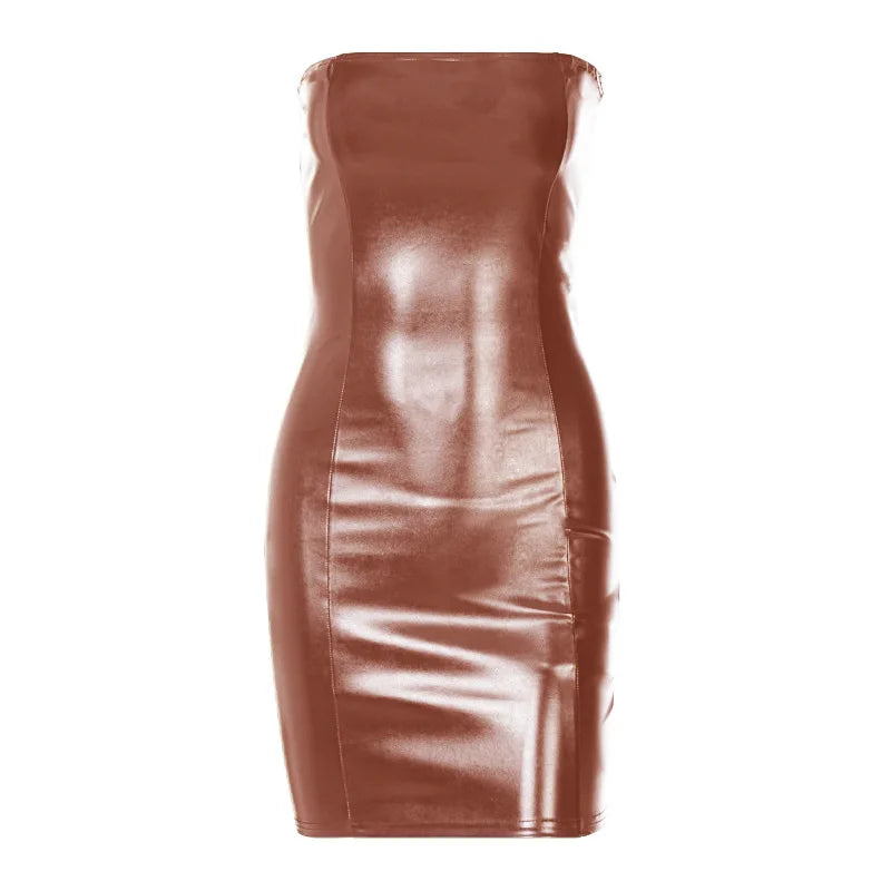 New 2026 Women Spring Summer Sexy Party Strapless Pu Leather Mini Dress For Women Sexy Streetwear Party Club Y2K Clothing